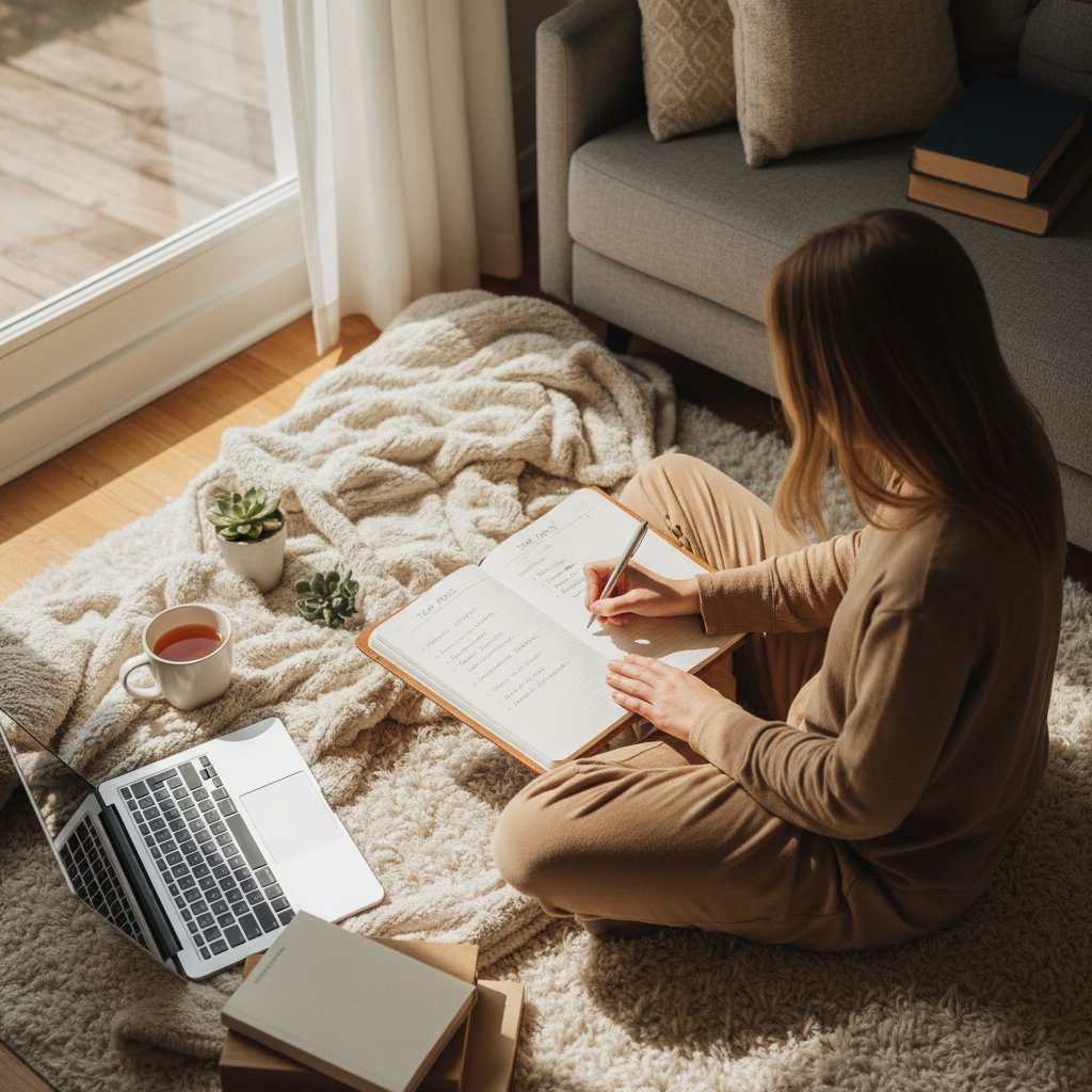 Osoba analizuje za i przeciw TCM, pisząc w dzienniku w domu