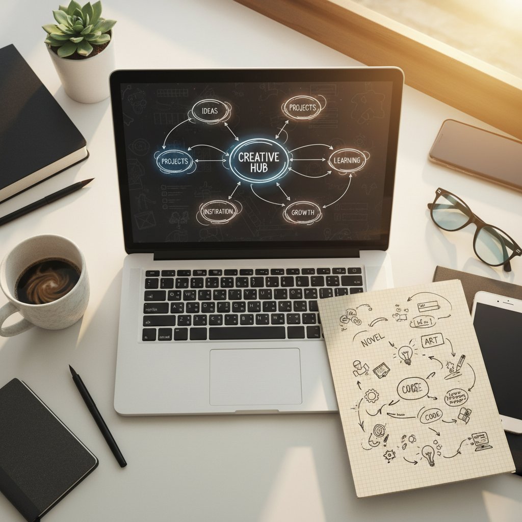 Notatki z rozmowy o historii – mapa myśli, laptop i kreatywna energia