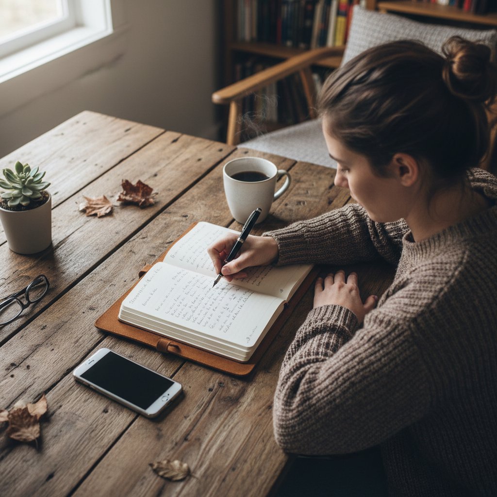 Osoba prowadząca dziennik obok telefonu