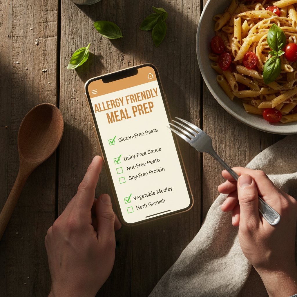 Telefon z listą kontrolną wdrażania aplikacji dla alergików i zdrowy posiłek