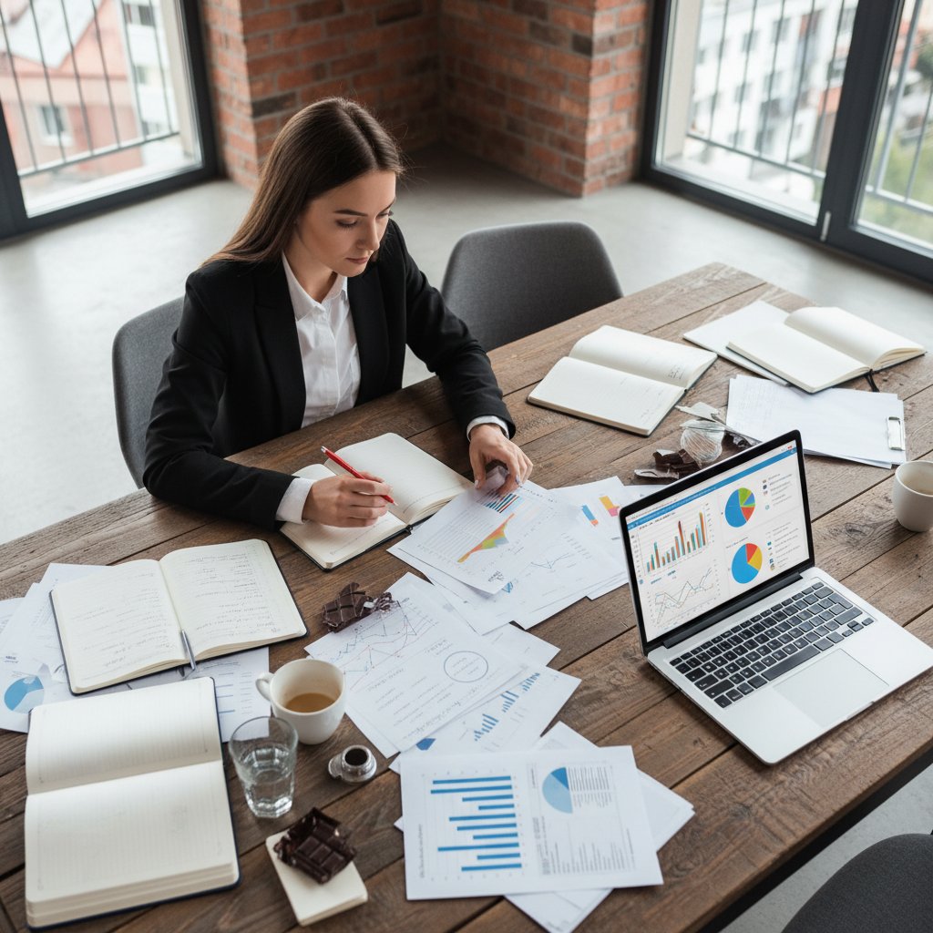 Zdjęcie z góry polskiego marketera analizującego dane social media na papierze i laptopie, skuteczne treści społecznościowe