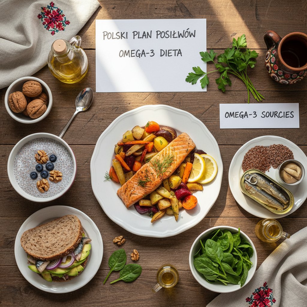 Widok z góry na polski plan posiłków z zaznaczonymi produktami bogatymi w omega 3