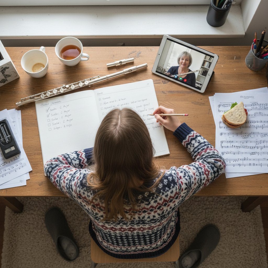 Nastolatek przygotowujący się do pierwszej lekcji fletu online – checklist