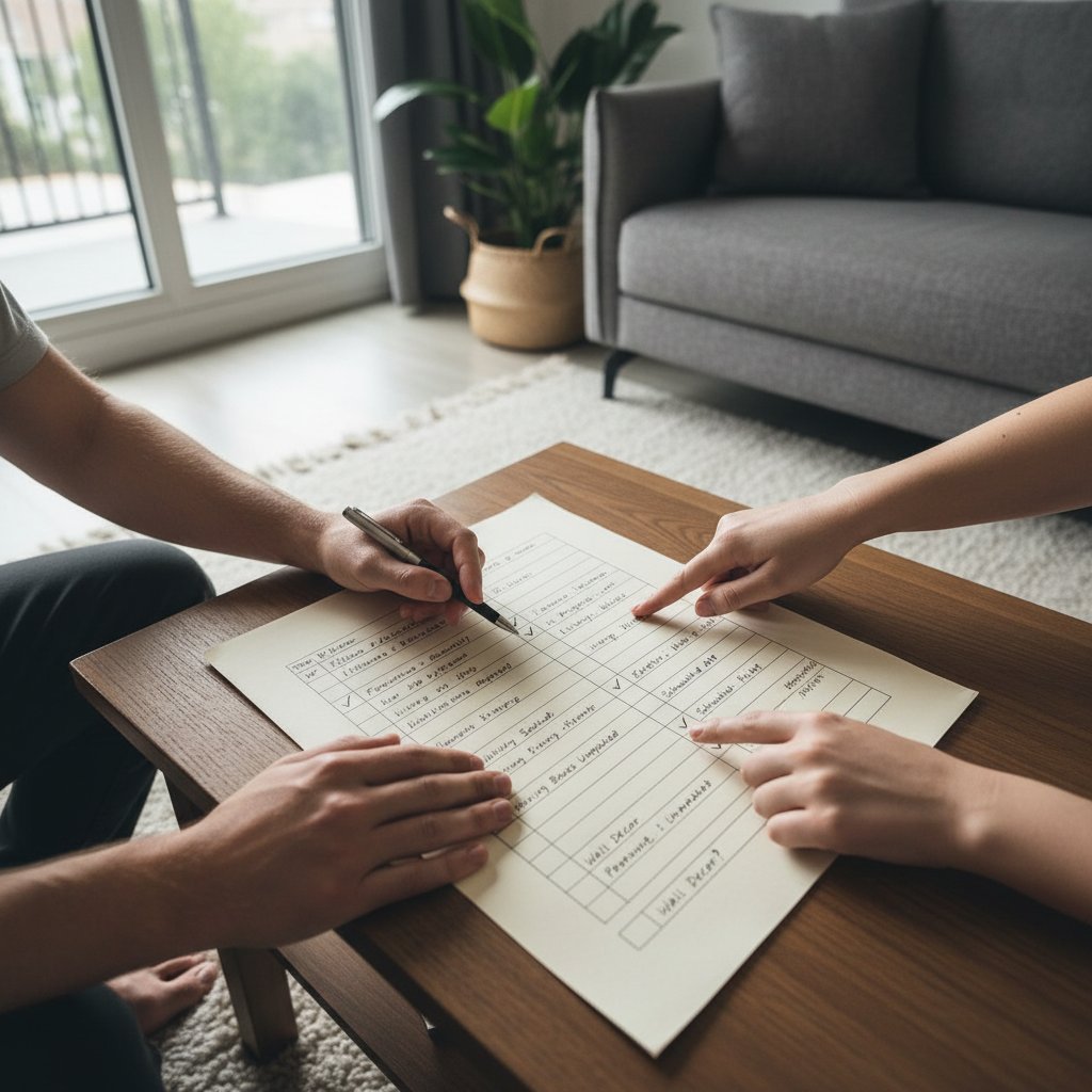 Hands of a couple completing a relationship audit checklist together, self-assessment for relationship satisfaction