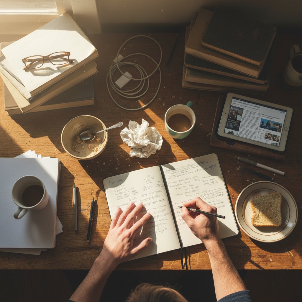 Notatki i rozgardiasz na stole w kuchni, codzienne wyzwania, szybkie rozwiązania, nawyki