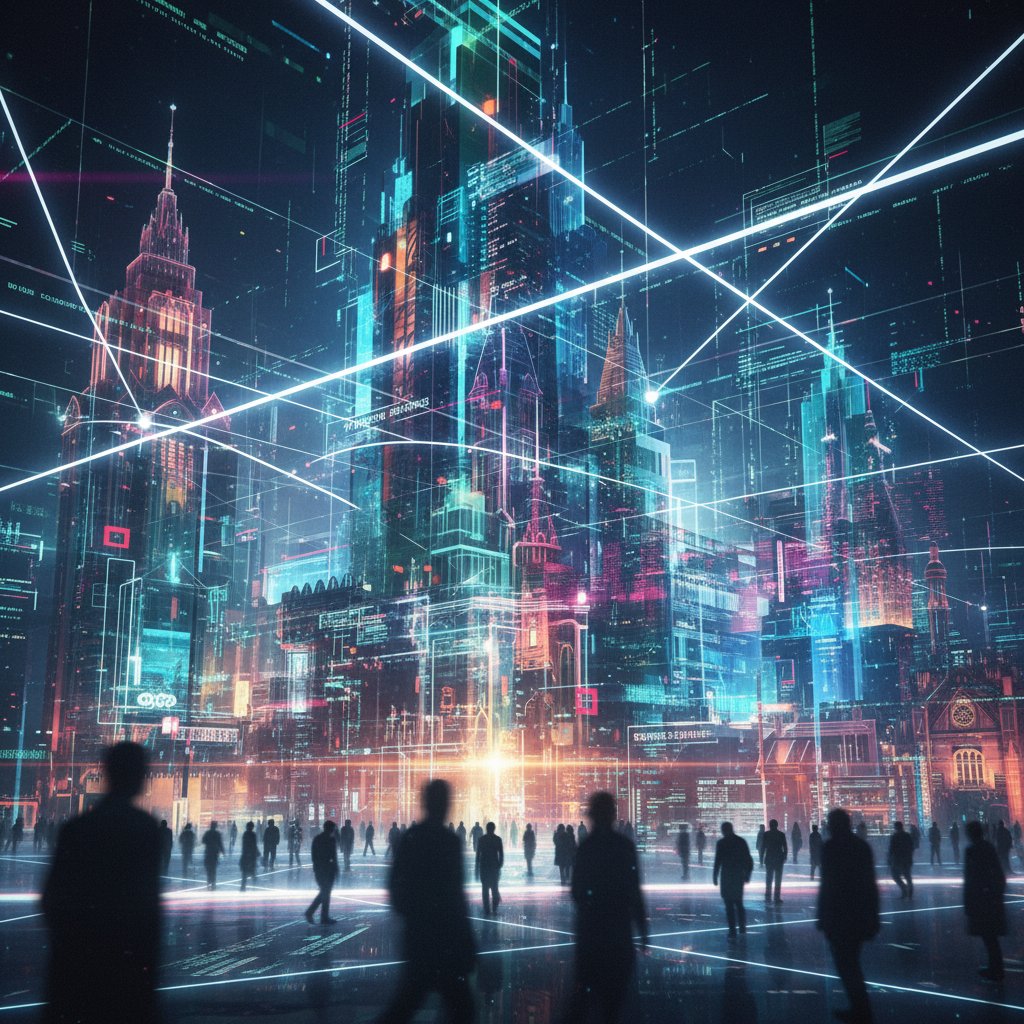 Photo of overlapping cityscapes with shadowy figures walking along intersecting paths, visualizing interconnected stories like hyperlink movies