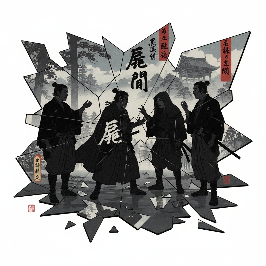 Overlapping silhouettes, fractured mirrors, characters in debate, inspired by 'Rashomon', akira kurosawa movies