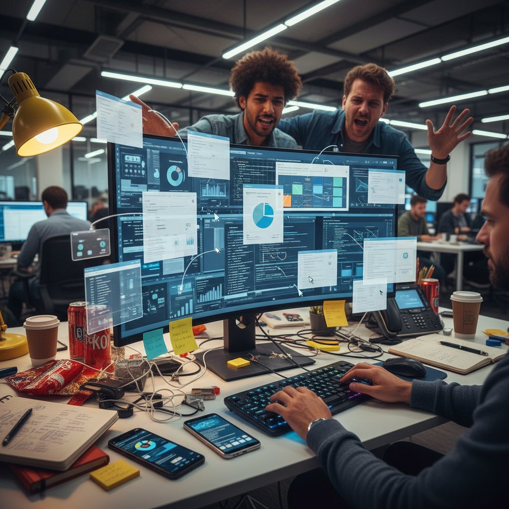 Overlapping UI windows on a screen, digital clutter building up on a modern office desk with multiple devices, frantic and overloaded mood