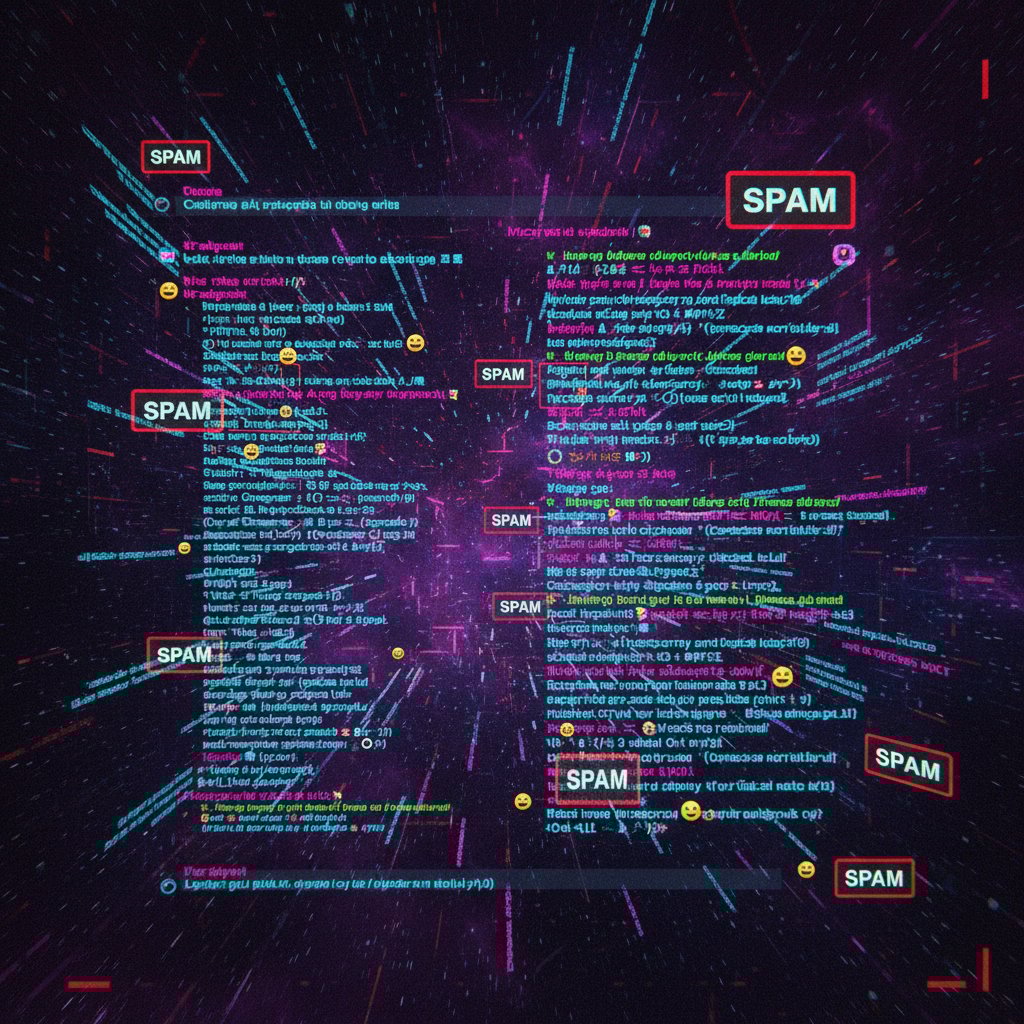 Przepełnione okno czatu ze spamem i powtarzalnymi wiadomościami