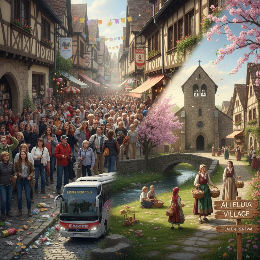 Nadmierny ruch turystyczny kontra spokojna wieś wielkanocna, kontrast