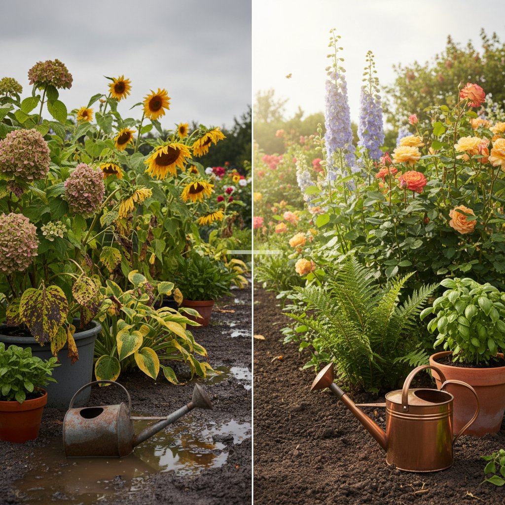Ogród podlewany zbyt obficie, z widocznymi oznakami gnicia liści