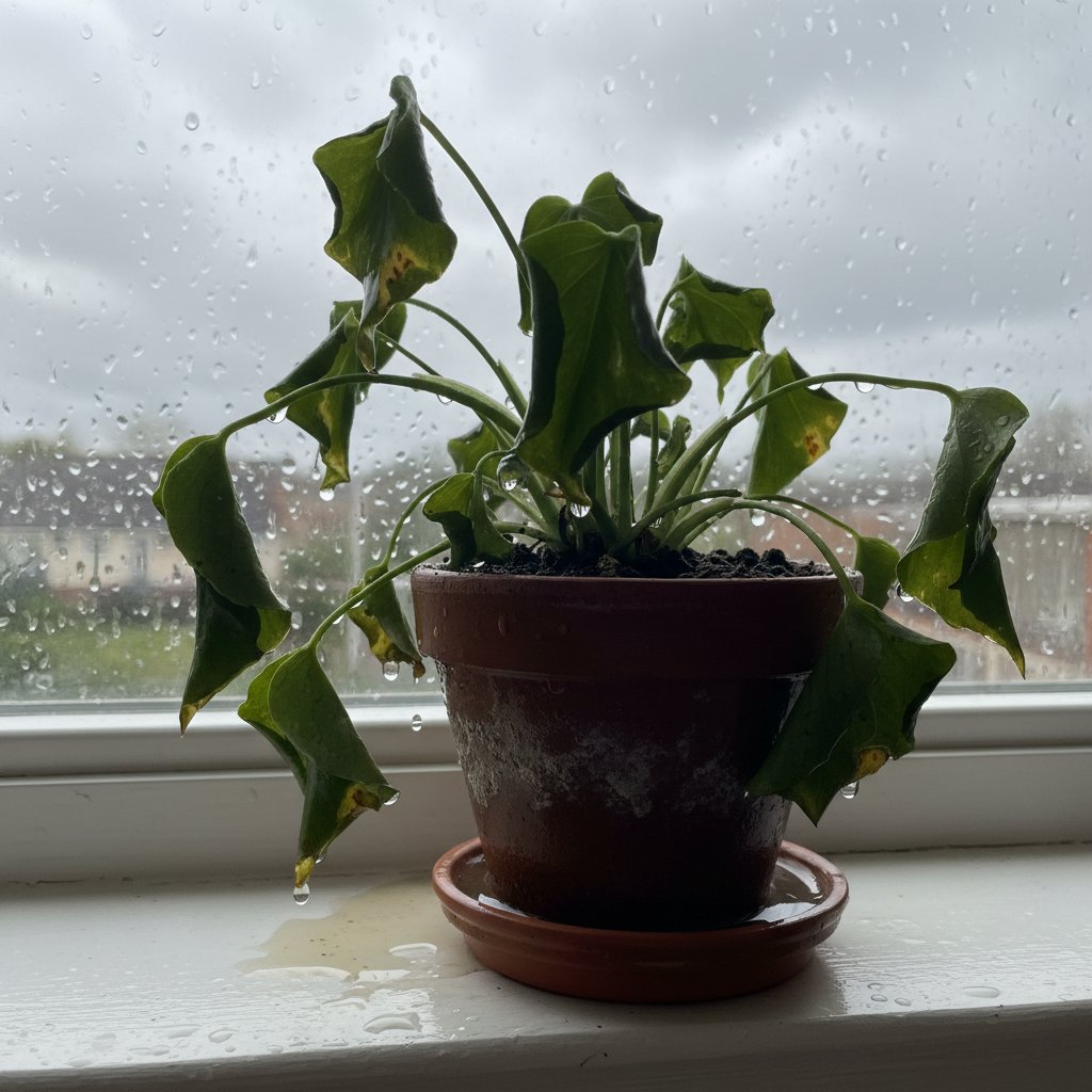 Roślina doniczkowa z przelanymi liśćmi, objawy choroby, doniczka na parapecie