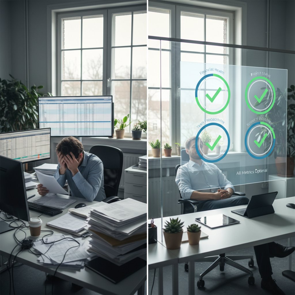 Zestresowany księgowy kontra spokojny menedżer z panelem raportów sprzedażowych