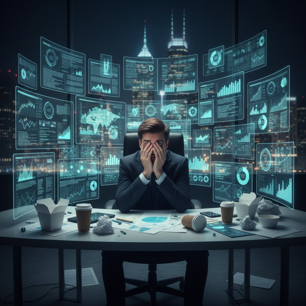 Przeciążony analityk otoczony papierami i monitorami, symbolizujący chaos raportowania