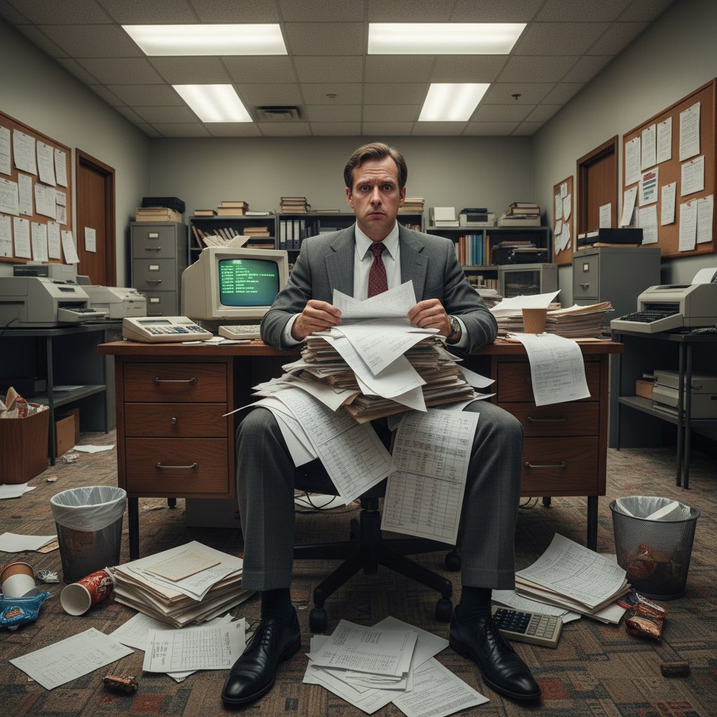 Overwhelmed analyst buried in spreadsheets, representing the collapse of spreadsheet culture due to the online data automation revolution