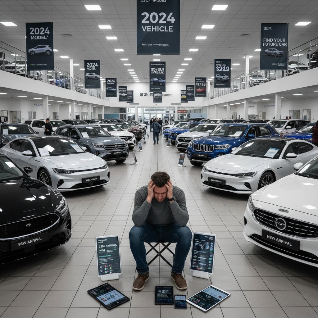 Overwhelmed car shopper lost in vehicle choices 2024