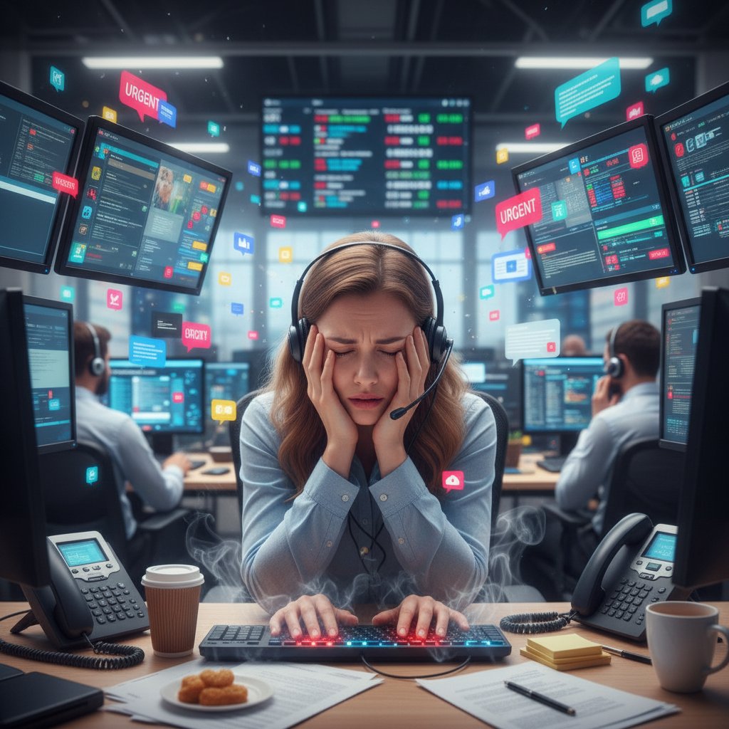 Tired customer service agent surrounded by pop-up notifications in a modern workspace