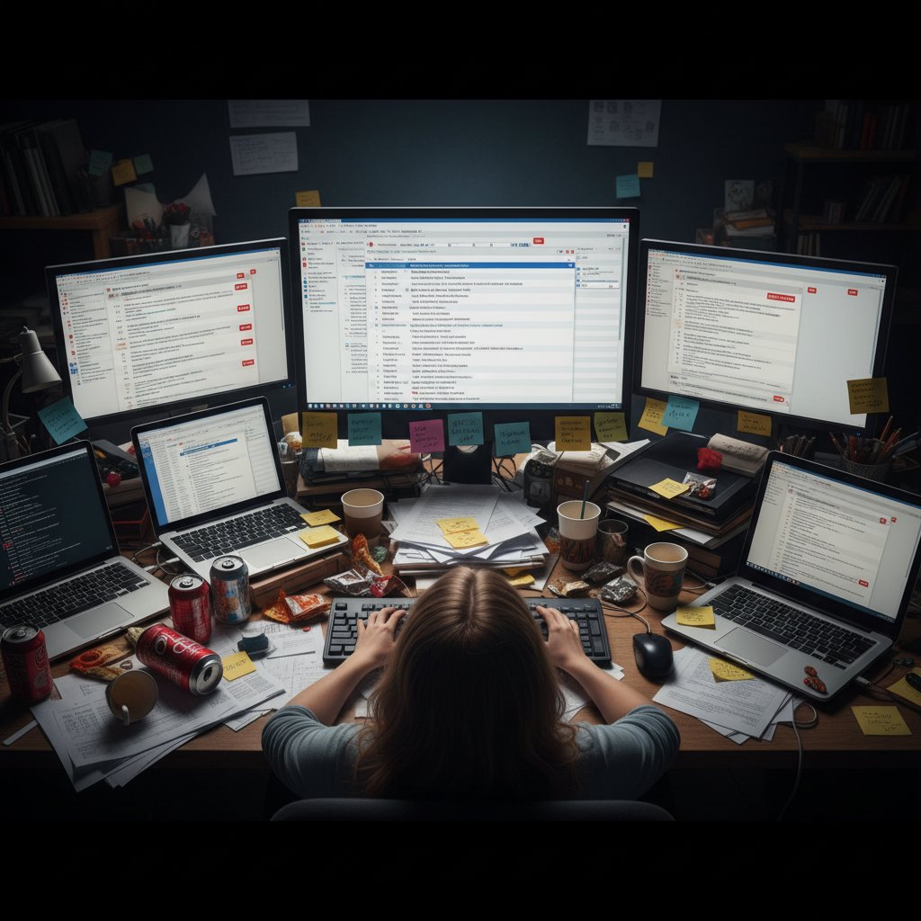 A symbolic pile of unread emails drowning a desk, Alt: Overwhelmed desk buried in email notifications