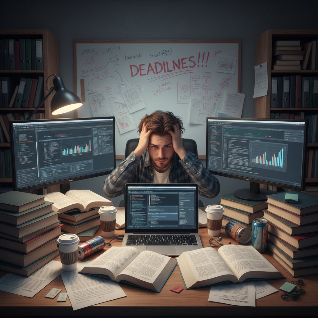 Overwhelmed human research assistant surrounded by academic data, digital timelines in the background