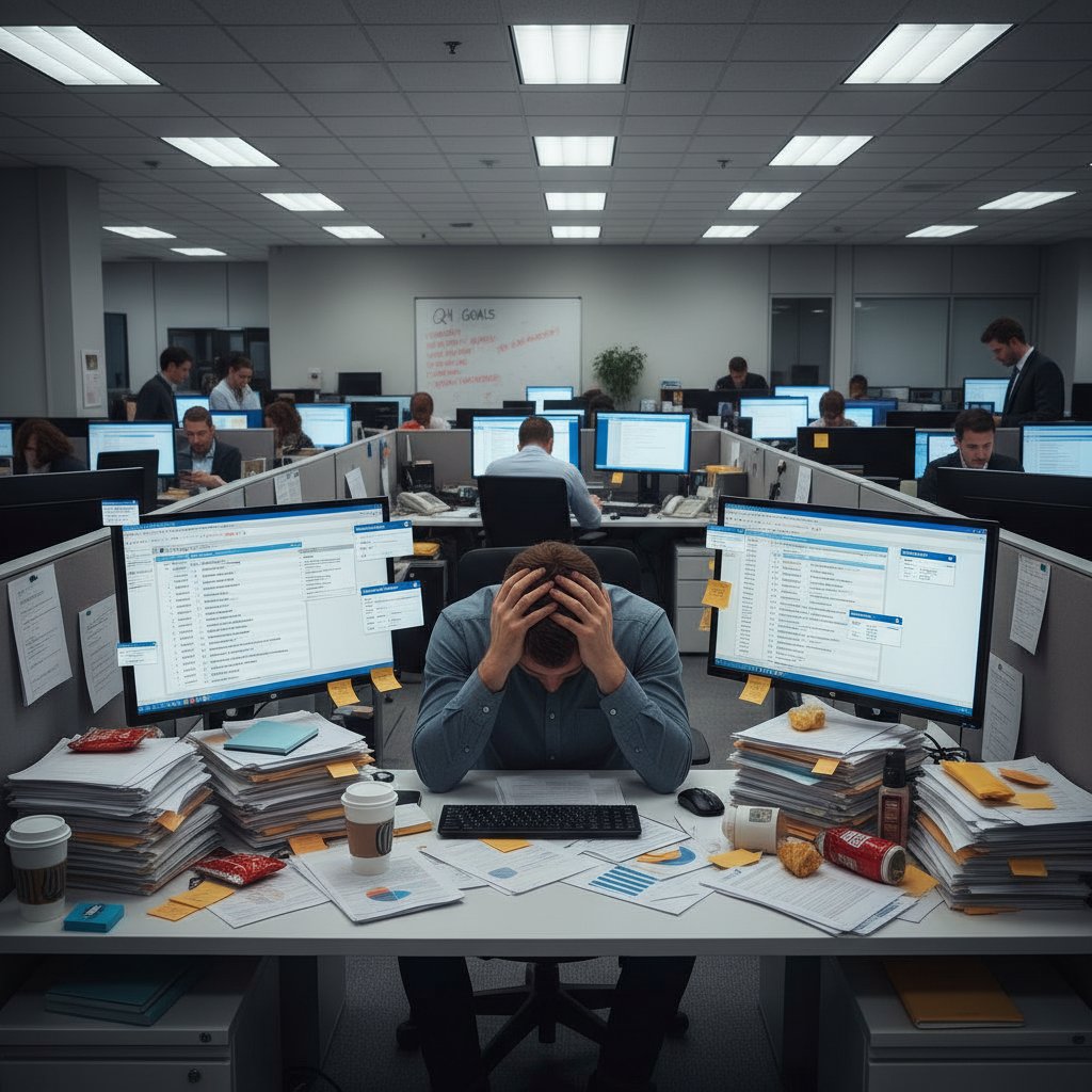 Overwhelmed corporate inbox representing enterprise struggle, showing digital chaos in a corporate context