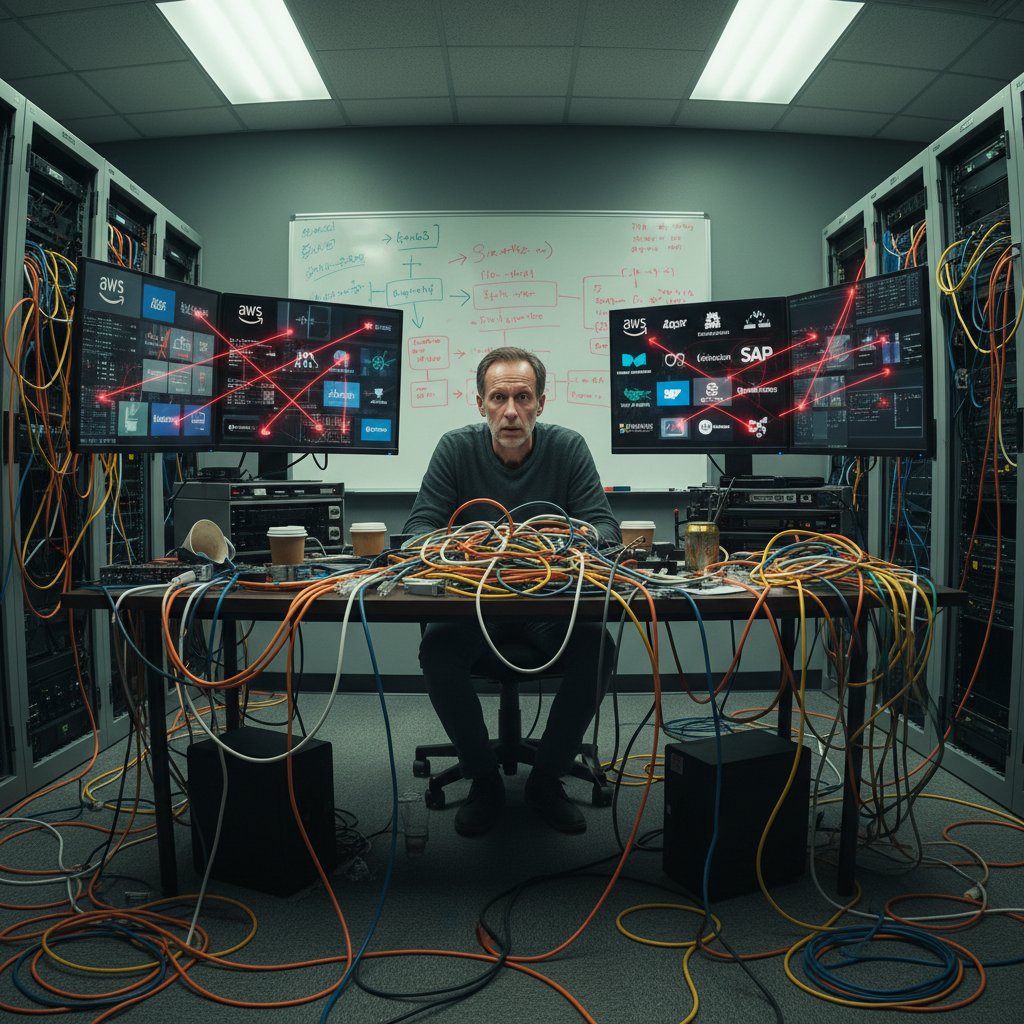 Overwhelmed IT worker surrounded by cables and software logos, symbolizing integration challenges in enterprise email productivity software