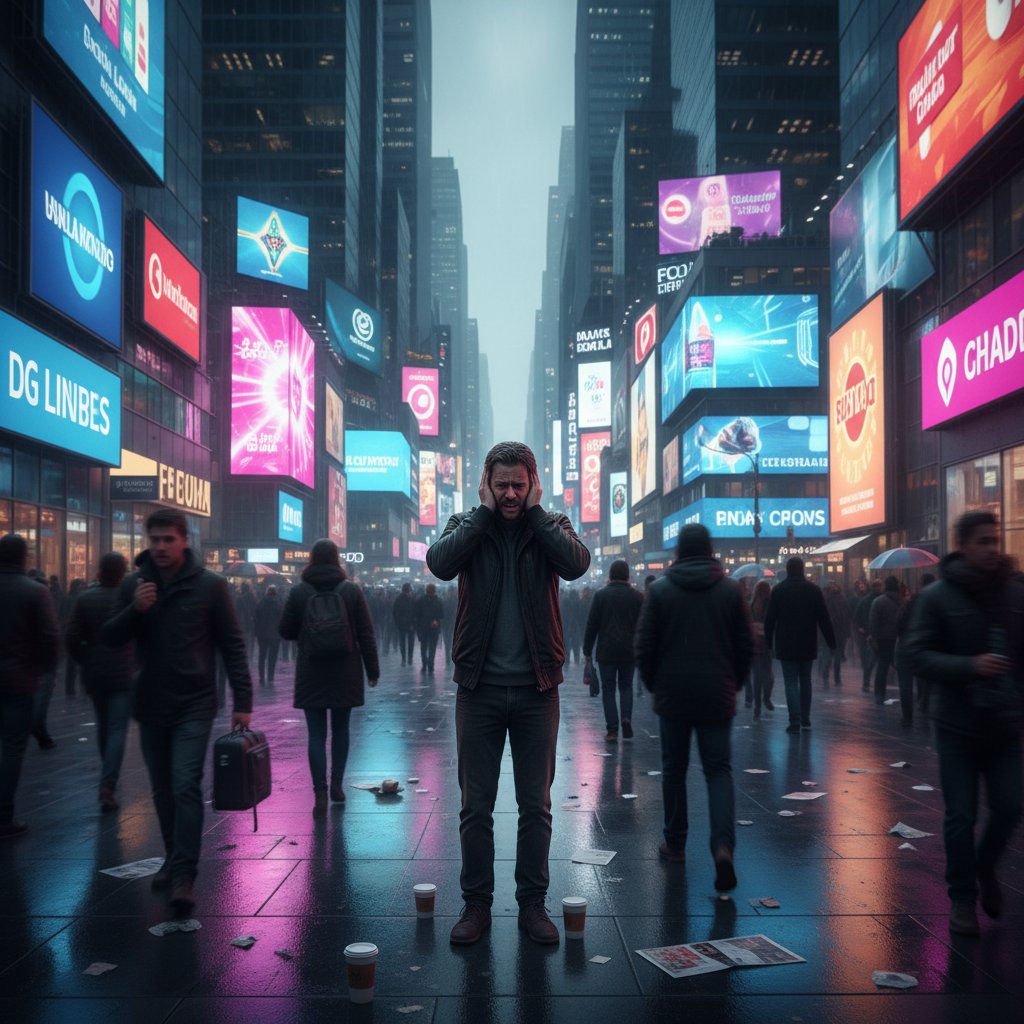 Zmęczony człowiek w wielkomiejskim tłumie, przytłoczony ekranami i reklamami