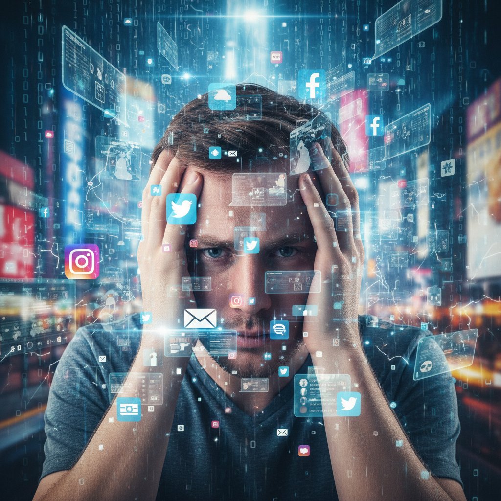 Osoba przy komputerze zalewana przez cyfrowe powiadomienia, szum informacyjny w codziennym życiu