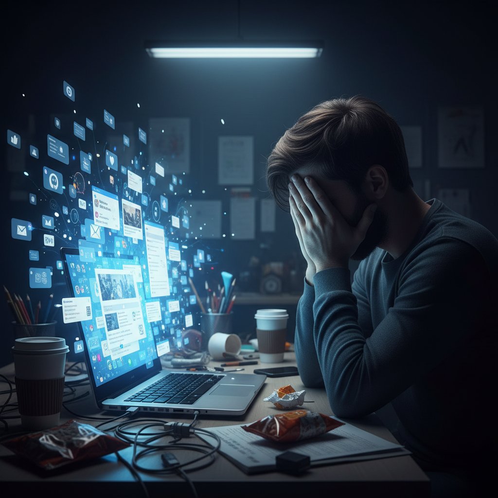 Przeładowana powiadomieniami osoba przy ekranie laptopa, zmęczony wyraz twarzy, słowa kluczowe: cyfrowe zmęczenie, rozmowa online po pracy