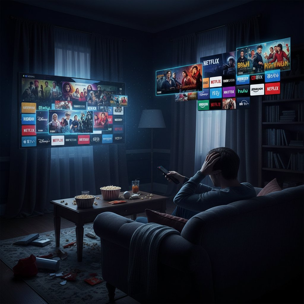 Person overwhelmed by too many movie choices, moody living room with TV and streaming icons, high contrast, 16:9