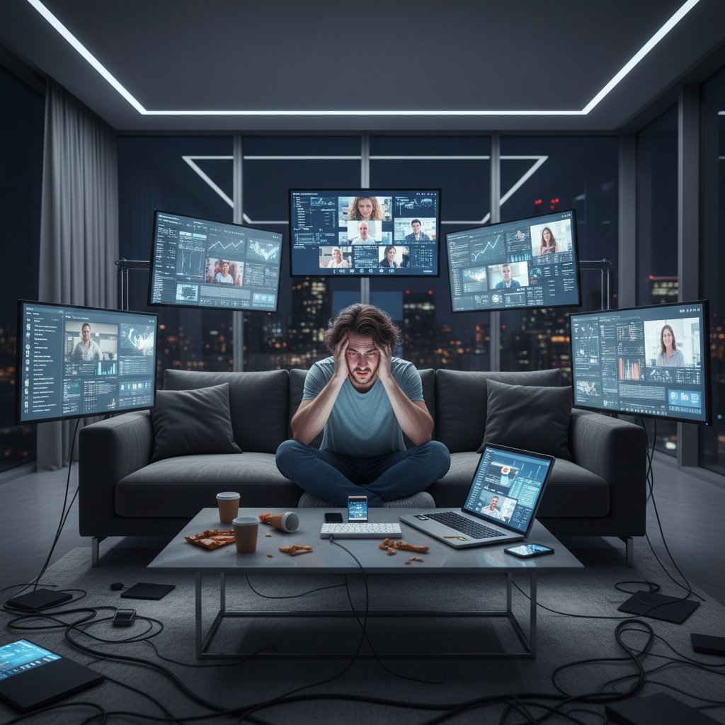 Overwhelmed person watching multiple screens in a hectic modern living room, editorial style, high contrast, 16:9