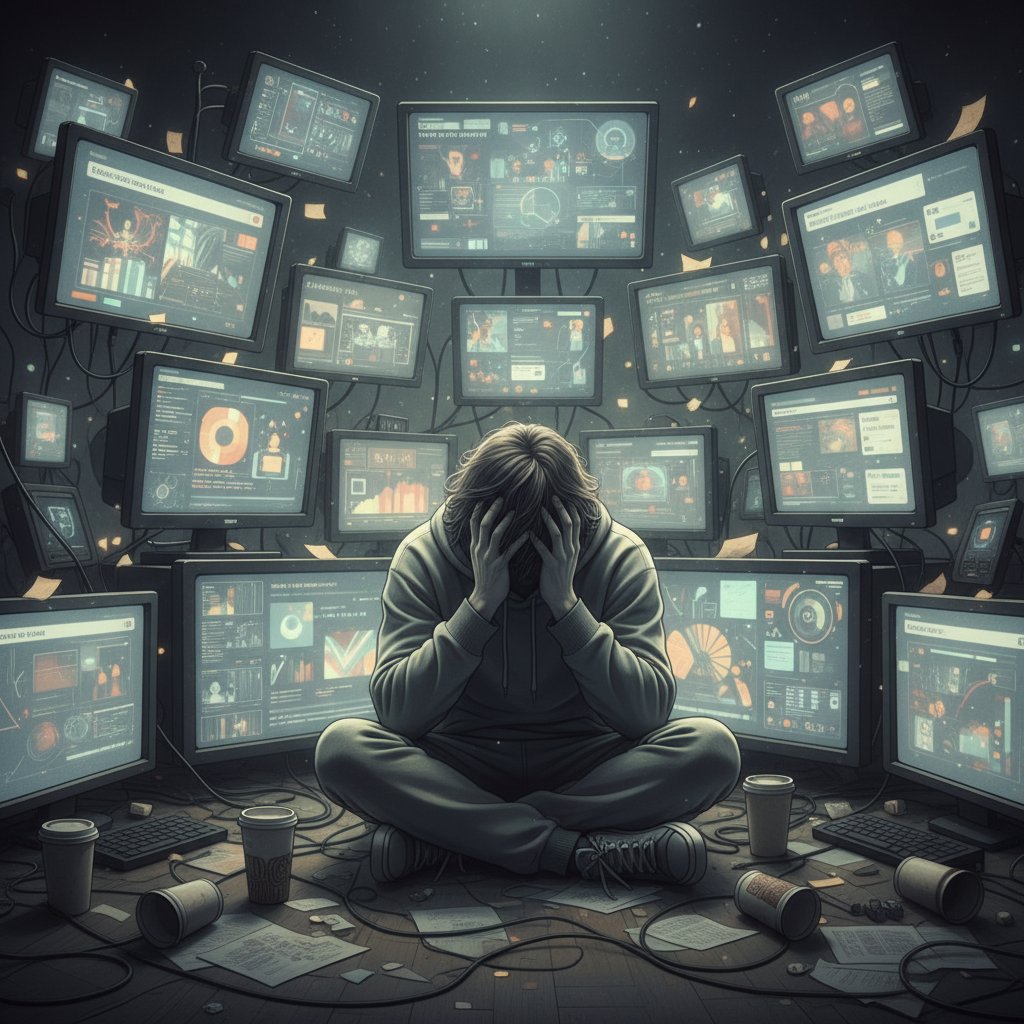 Osoba przytłoczona ekranami, wyblakłe kolory, cyfrowe wypalenie i porady emocjonalne online