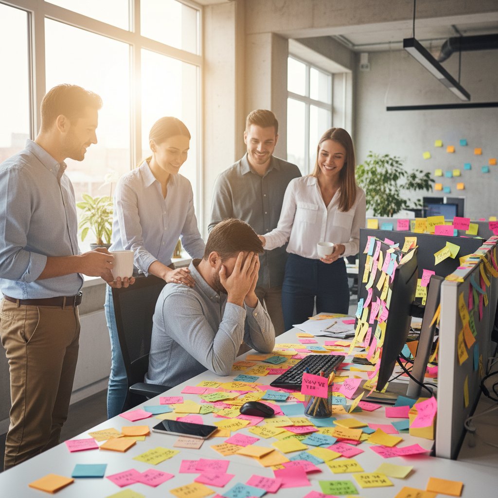 Editorial photo of a person overwhelmed but hopeful, facing a wall of sticky notes, support helper evaluation concept