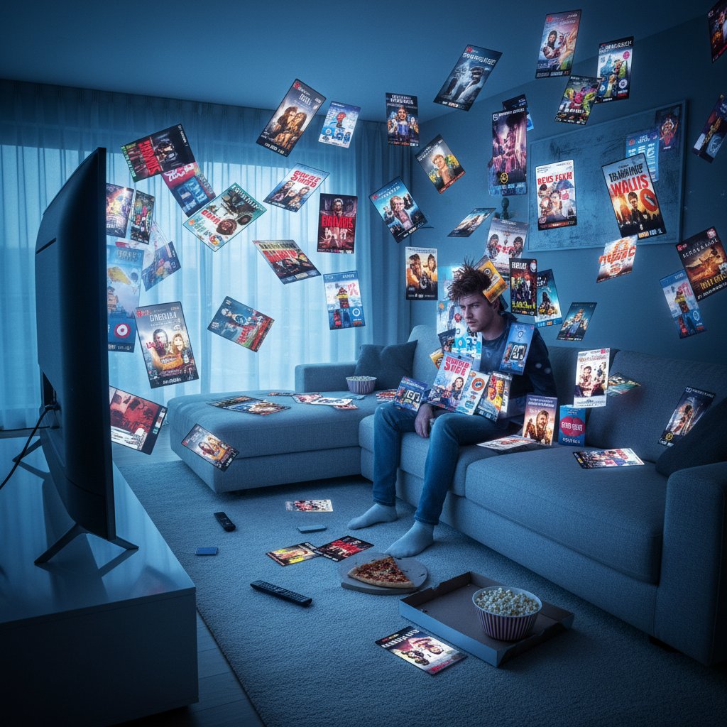 Person overwhelmed by streaming options, lost in a sea of movie thumbnails, modern living room