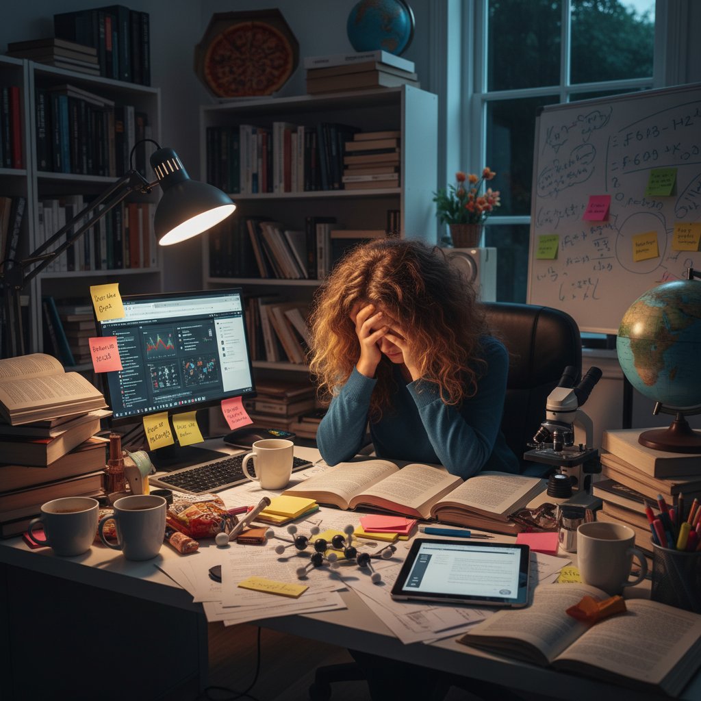 Overwhelmed PhD student with too many research tools, surrounded by laptops and notes