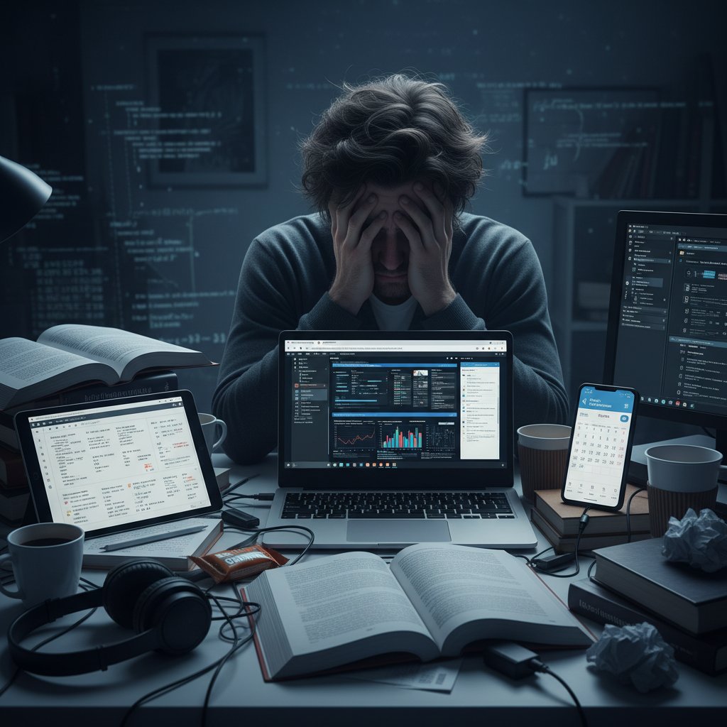 Overwhelmed PhD student with too many productivity tools, exhausted at night with digital devices