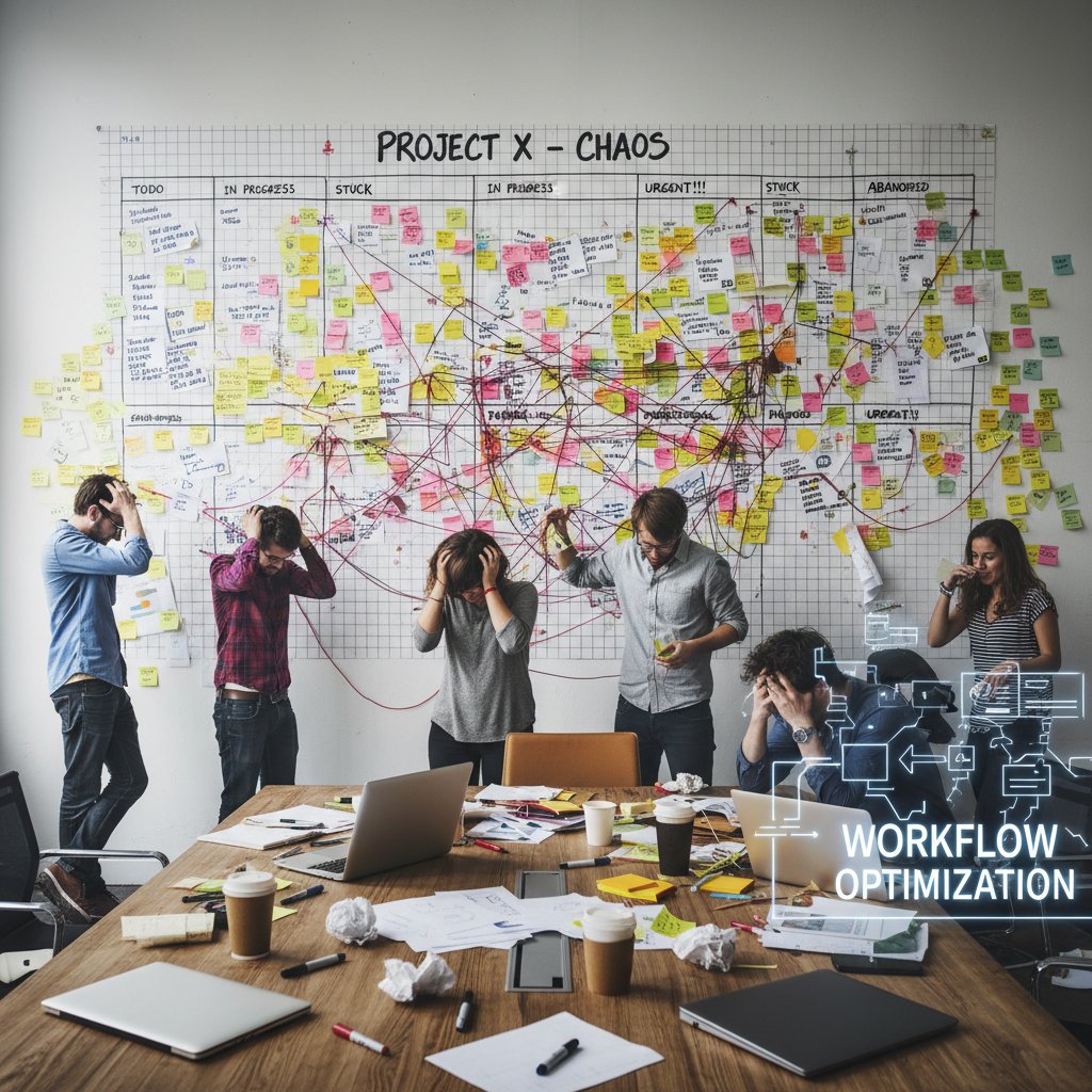 Overwhelmed project board symbolizing project chaos, showing layered post-its and half-erased tasks, full of workflow optimization and project handling keywords