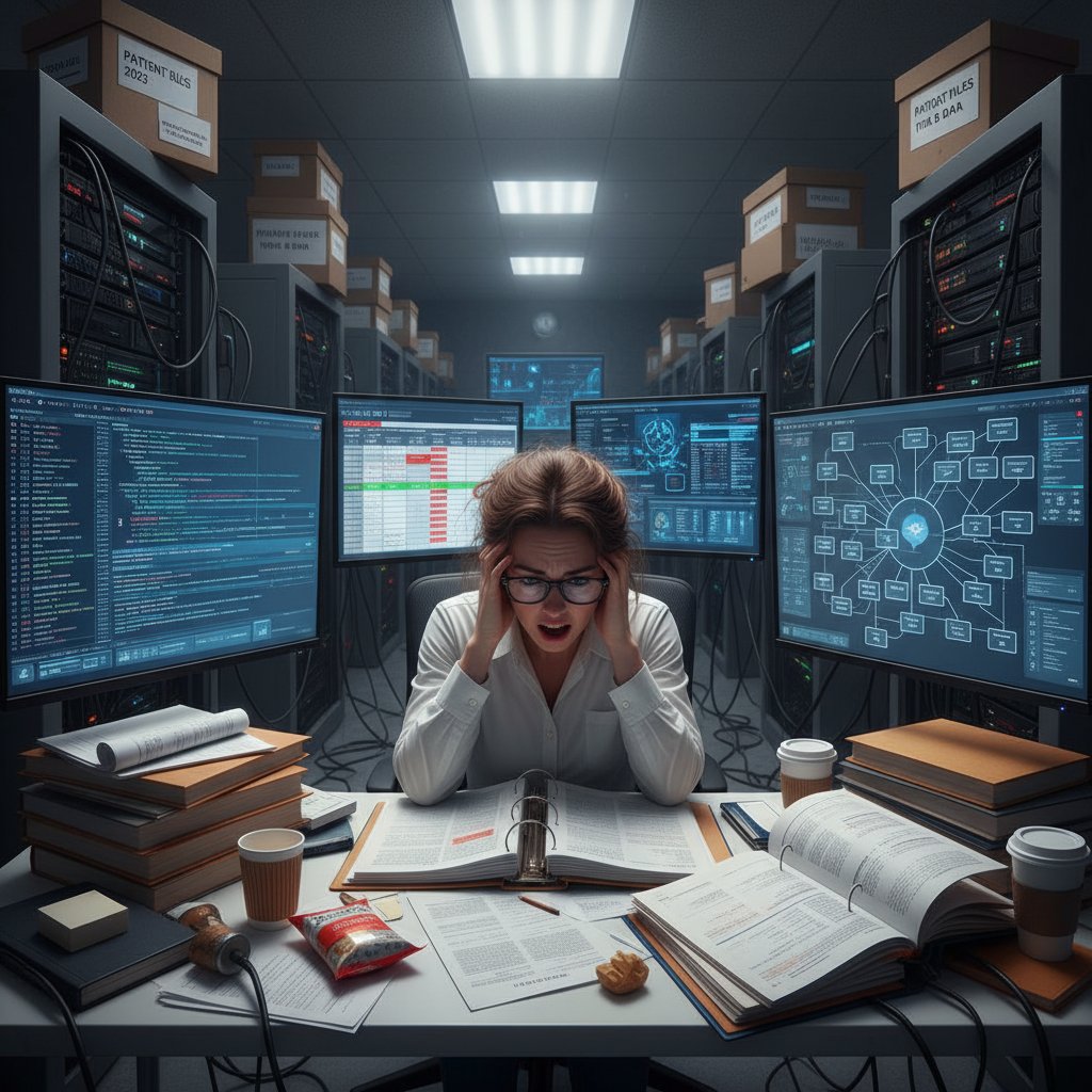 Overwhelmed researcher surrounded by data files and screens, big data in clinical trial chaos