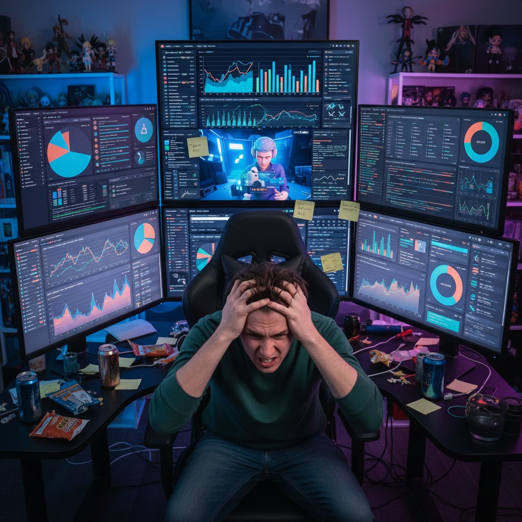 Przeciążony streamer analizujący dane z wielu narzędzi na kilku ekranach