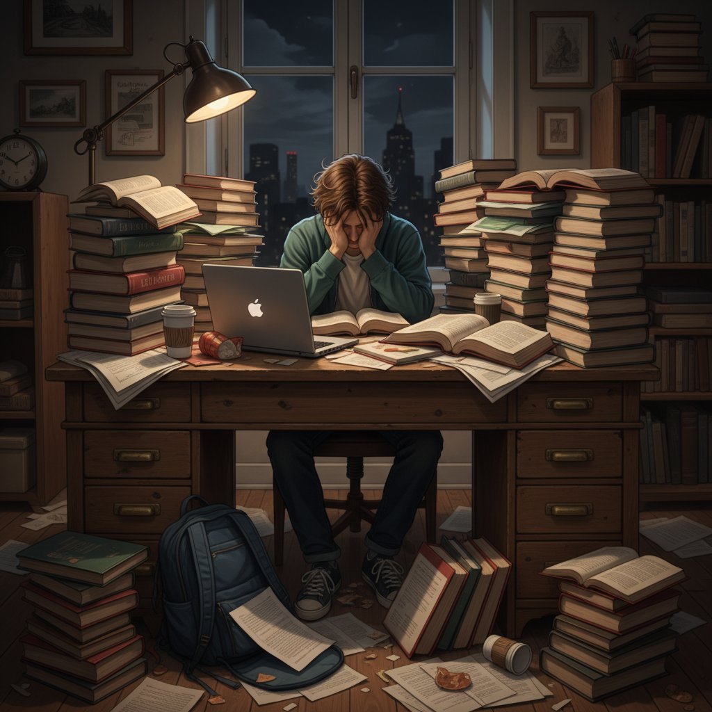 Student przy biurku, otoczony stertą książek, wygląda na przytłoczonego – obrazujący typowy błąd przeładowania informacjami