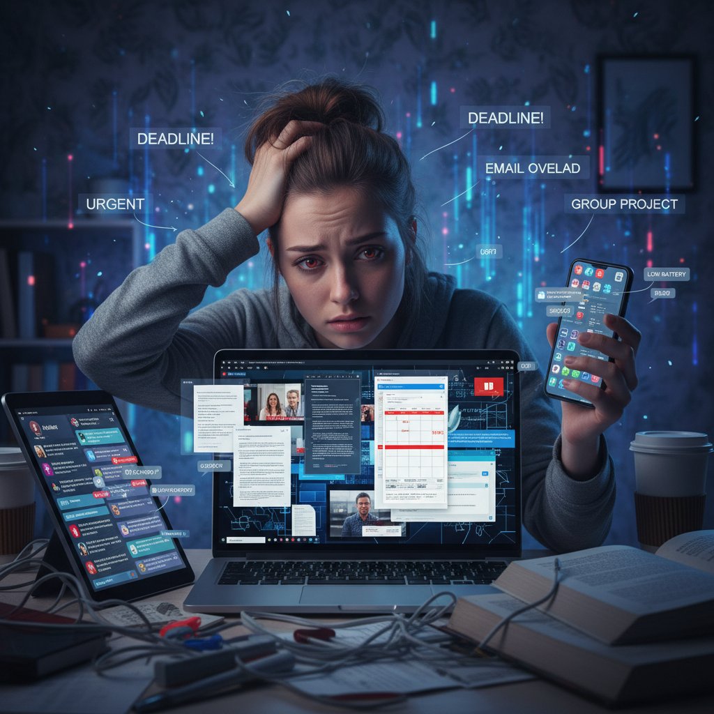 Przytłoczony uczeń otoczony powiadomieniami, symbol cyfrowego wypalenia