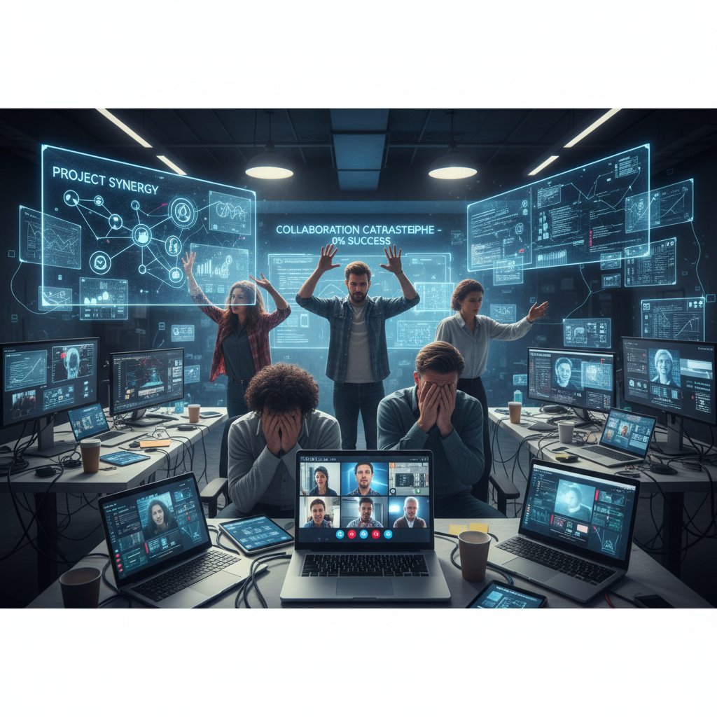 Overwhelmed team with too many digital tools, symbolizing failed workplace collaboration