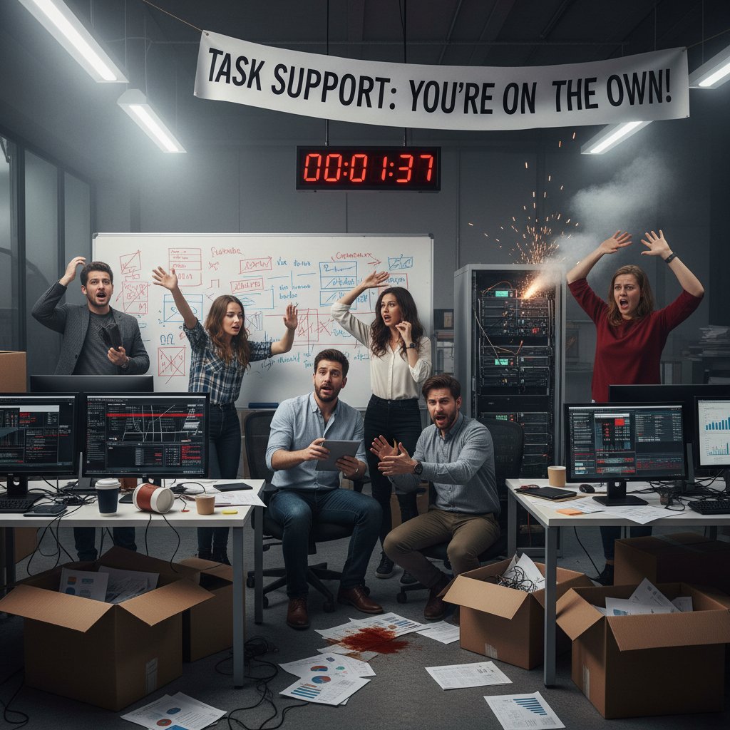 Documentary-style shot of an overwhelmed team struggling with task overload, surrounded by sticky notes and screens, symbolizing the reality of broken task support in enterprises