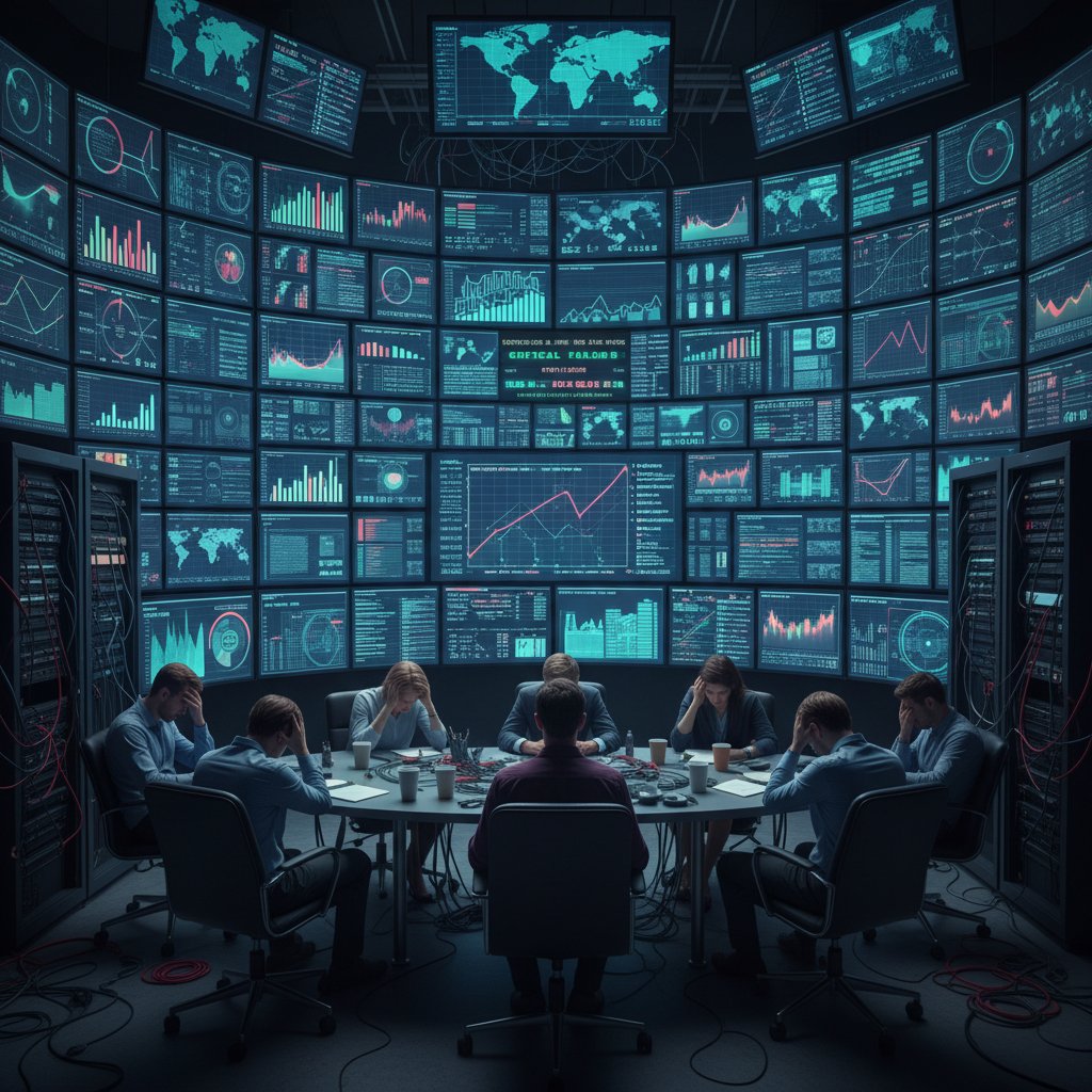 Overwhelmed team in front of a wall of screens flooded with conflicting support data