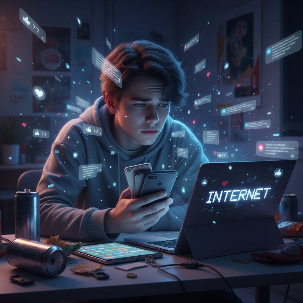 Nastolatek przytłoczony powiadomieniami w sieci, ukazujący negatywne skutki nadmiaru social mediów