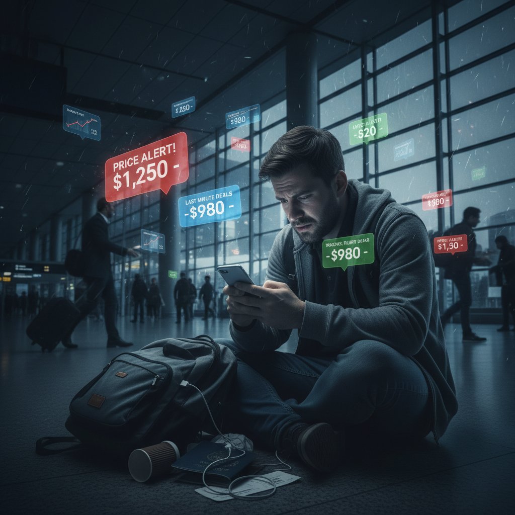 Overwhelmed traveler with notification popups, moody lighting, flight cost tracking exhaustion