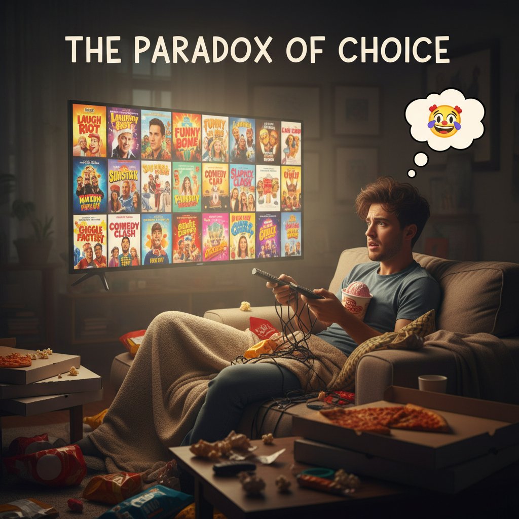 Overwhelmed viewer facing too many comedy movie choices, person slumped on couch with remote