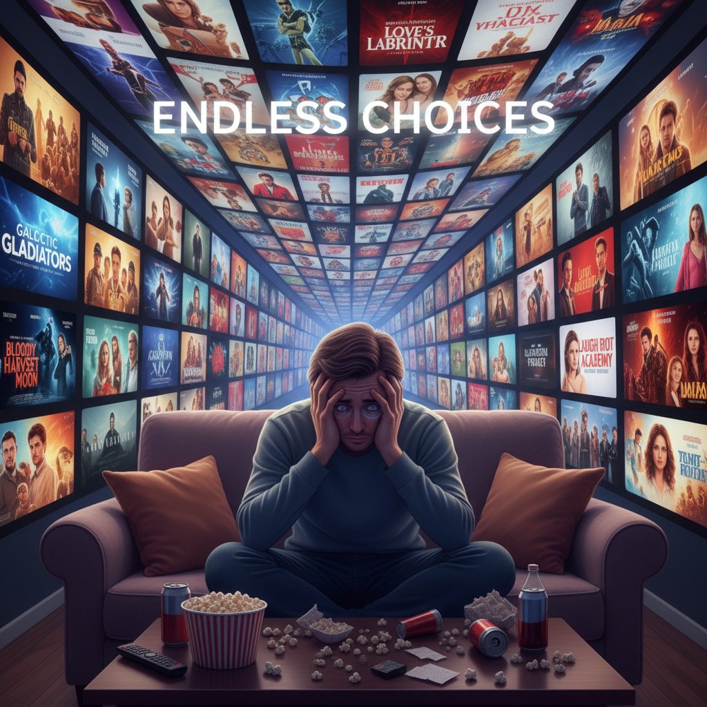 An overwhelmed viewer faces an endless screen of movie options, representing decision fatigue and choice overload