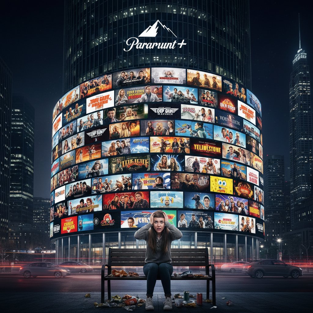 Overwhelmed viewer facing endless streaming choices on TV, paramount plus movies, frustration