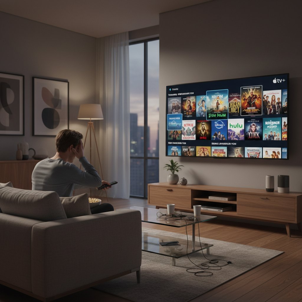 Overwhelmed viewer scrolling endless movie options in a modern living room with TV and streaming menus