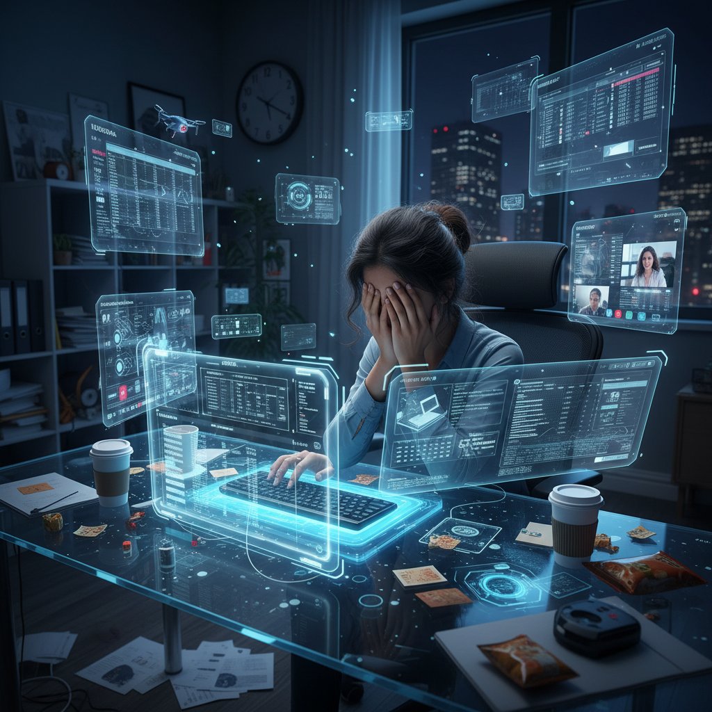 Overwhelmed worker facing admin overload at computer, digital clutter, and messy workspace, symbolizes remote admin assistant need